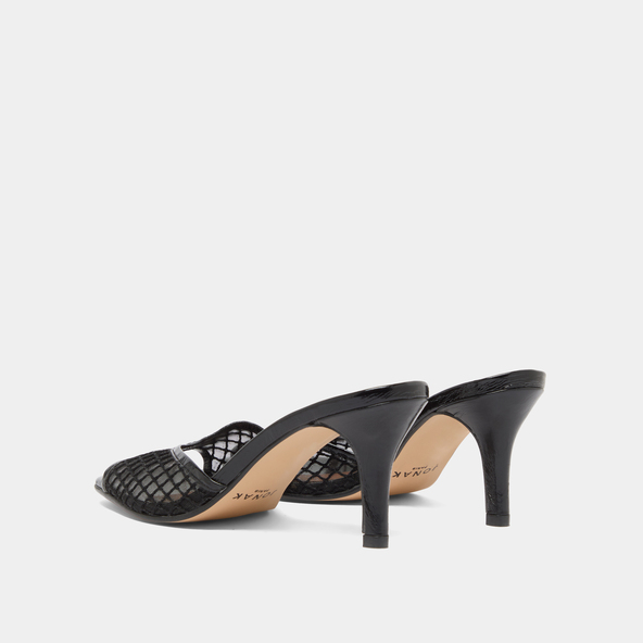 Mules à talons en cuir brillant noir et mesh noir | VOILE | Jonak