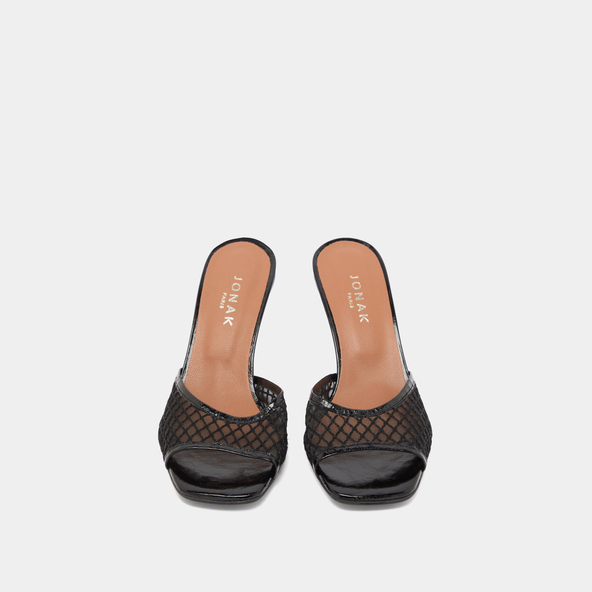 Mules à talons en cuir brillant noir et mesh noir | VOILE | Jonak