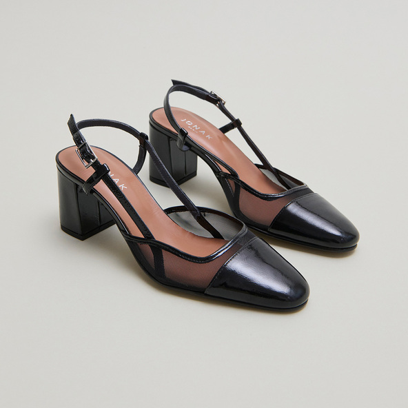 Slingbacks à talons en vernis plissé noir et résille noire | DHAPOPILLE | Jonak