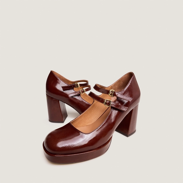 Babies à doubles brides et plateformes en cuir brillant marron | VERITE | Jonak