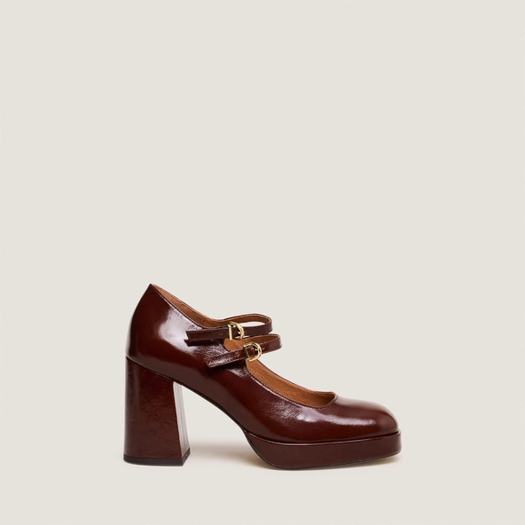 Babies à doubles brides et plateformes en cuir brillant marron | VERITE | Jonak