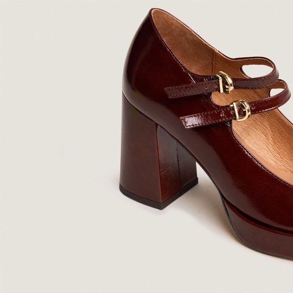 Babies à doubles brides et plateformes en cuir brillant marron | VERITE | Jonak