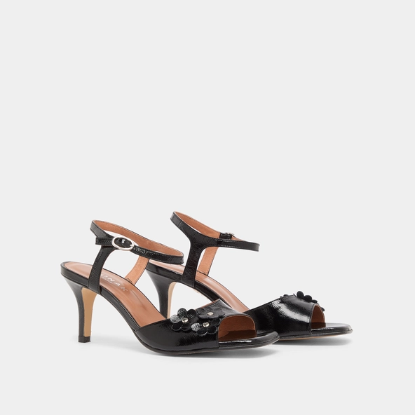 Sandales à talons et fleurs en cuir brillant noir | VAVA | Jonak