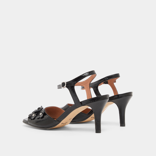 Sandales à talons et fleurs en cuir brillant noir | VAVA | Jonak