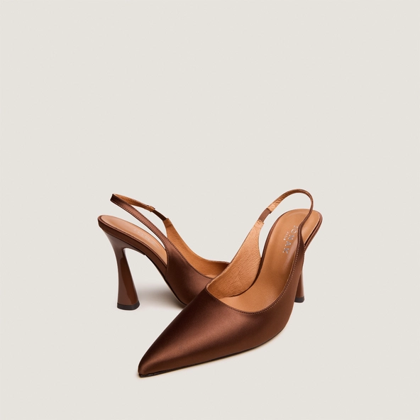 Escarpins slingbacks &agrave; bouts pointus en satin marron | DRESSY | Jonak