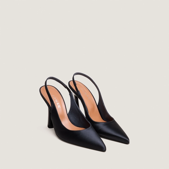 Escarpins slingbacks &agrave; bouts pointus en satin noir | DRESSY | Jonak