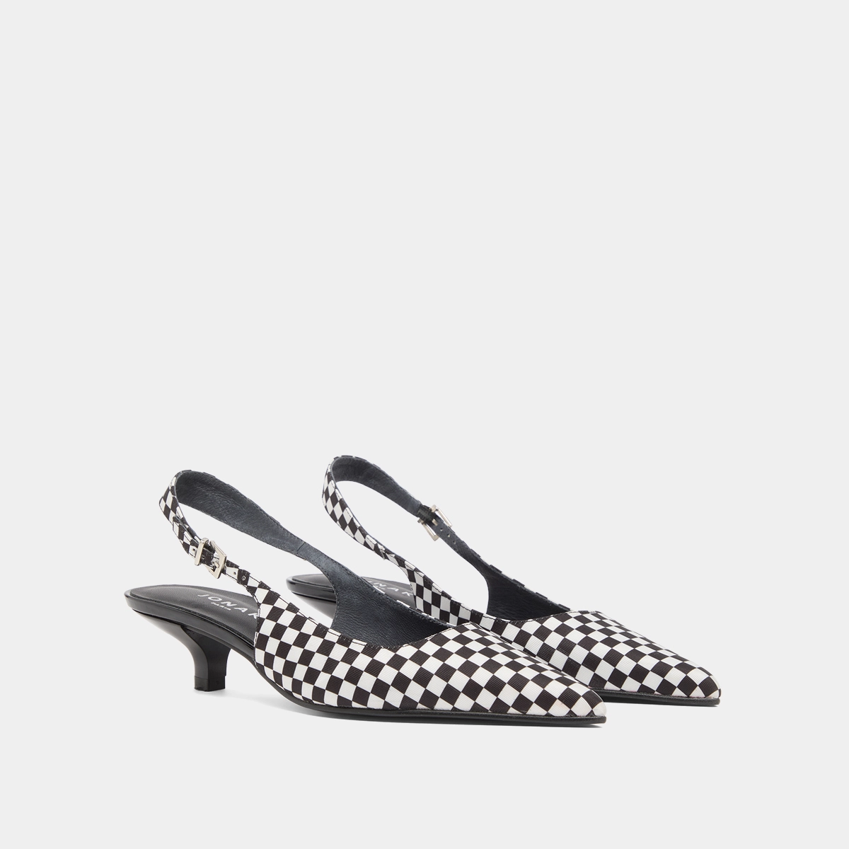 Escarpins à petits talons et boucles ajustables en textile noir et blanc | DOUALA | Jonak