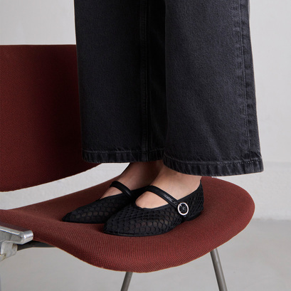 Ballerines à brides en mesh noir et cuir noir | DEESSIA | Jonak