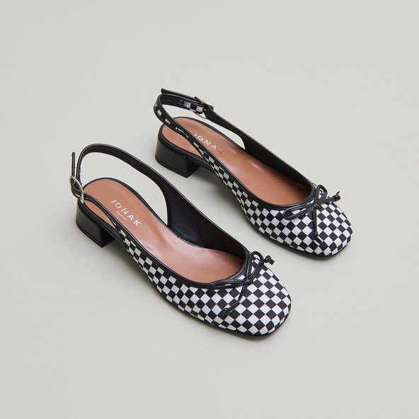Ballerines slingbacks à talons en textile noir et cuir blanc | DAMIUS | Jonak