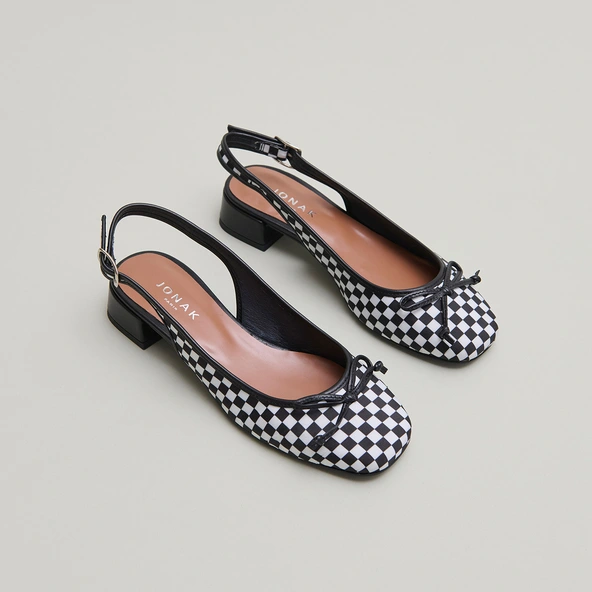 Ballerines slingbacks à talons en textile noir et cuir blanc | DAMIUS | Jonak