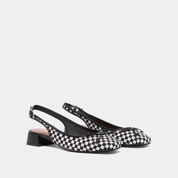Ballerines slingbacks à talons en textile noir et cuir blanc | DAMIUS | Jonak