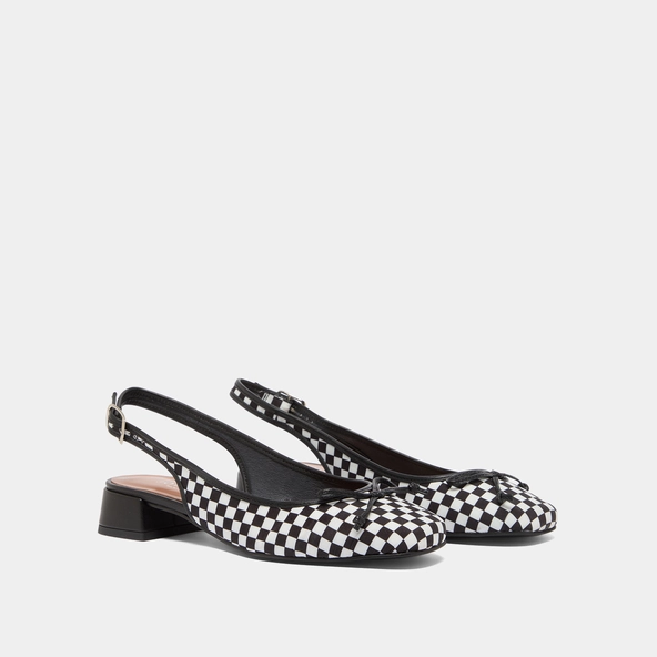 Ballerines slingbacks à talons en textile noir et cuir blanc | DAMIUS | Jonak