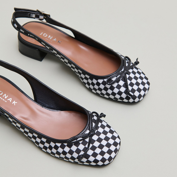 Ballerines slingbacks à talons en textile noir et cuir blanc | DAMIUS | Jonak