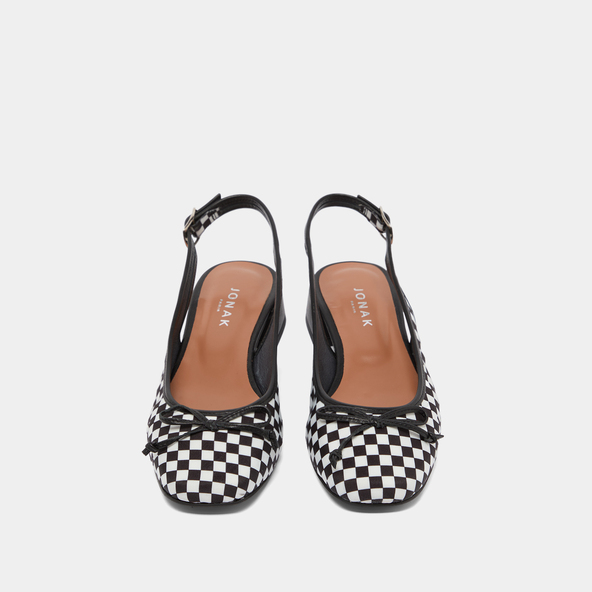 Ballerines slingbacks à talons en textile noir et cuir blanc | DAMIUS | Jonak