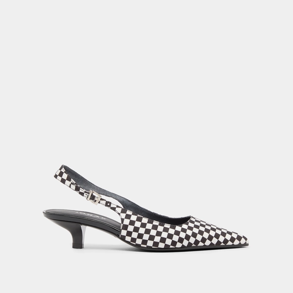 Escarpins à petits talons et boucles ajustables en textile noir et blanc | DOUALA | Jonak