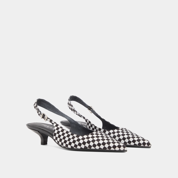 Escarpins à petits talons et boucles ajustables en textile noir et blanc | DOUALA | Jonak