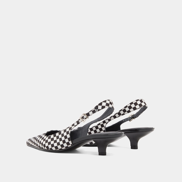 Escarpins à petits talons et boucles ajustables en textile noir et blanc | DOUALA | Jonak
