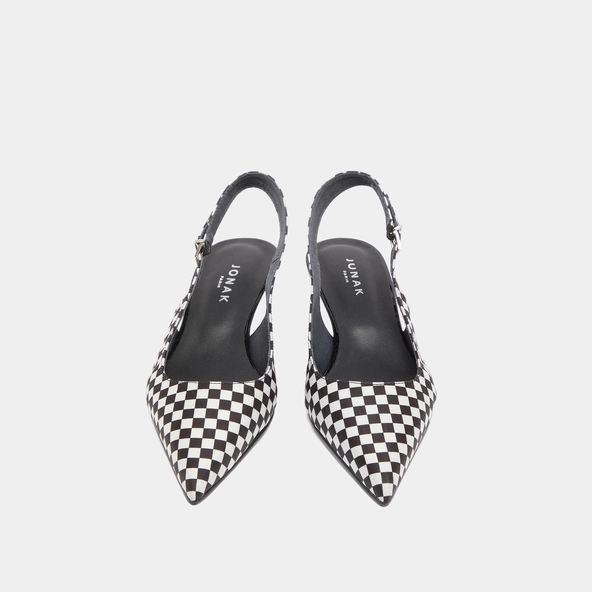Escarpins à petits talons et boucles ajustables en textile noir et blanc | DOUALA | Jonak