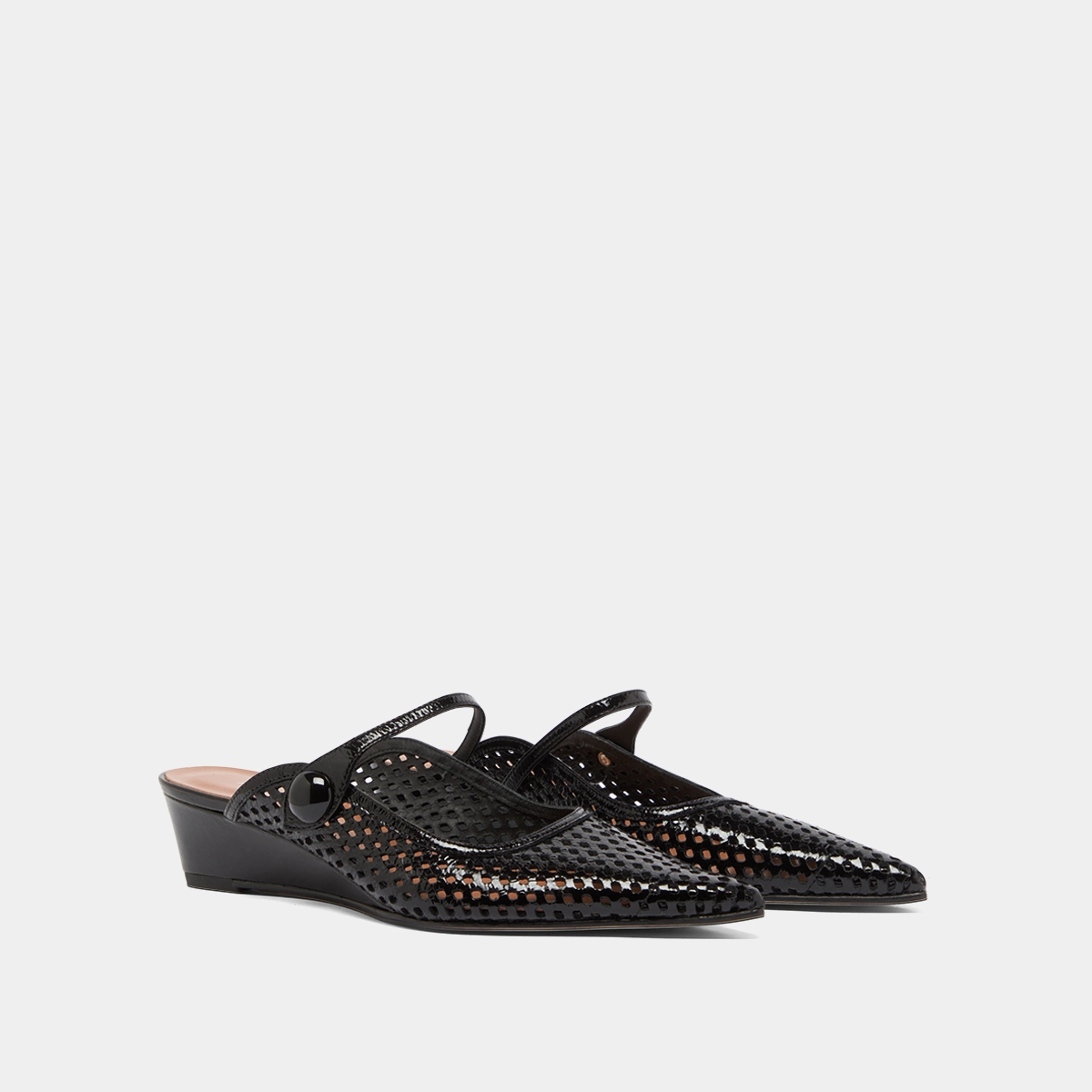Mules compensées à bouts pointus en cuir brillant noir | DECADE | Jonak