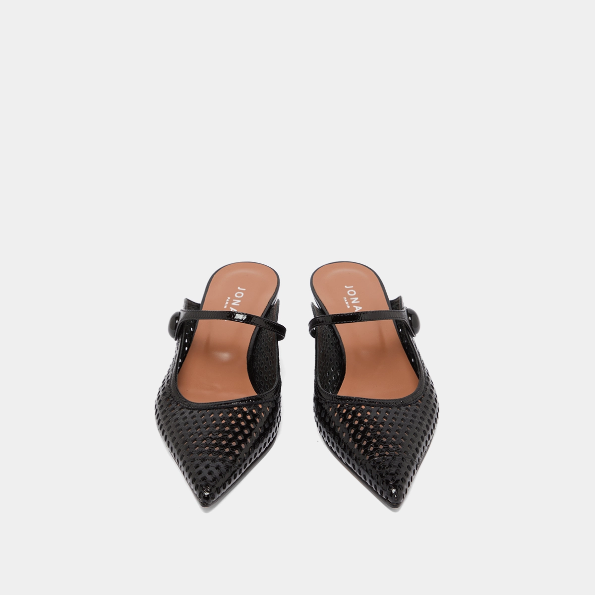 Mules compensées à bouts pointus en cuir brillant noir | DECADE | Jonak
