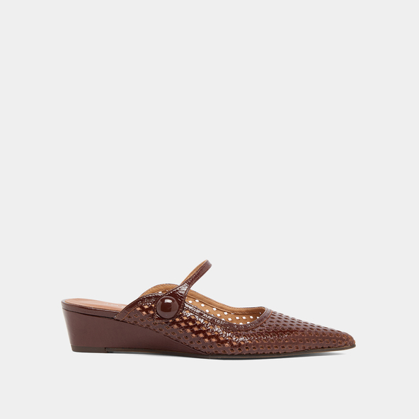 Mules compensées à bouts pointus en cuir brillant marron | DECADE | Jonak