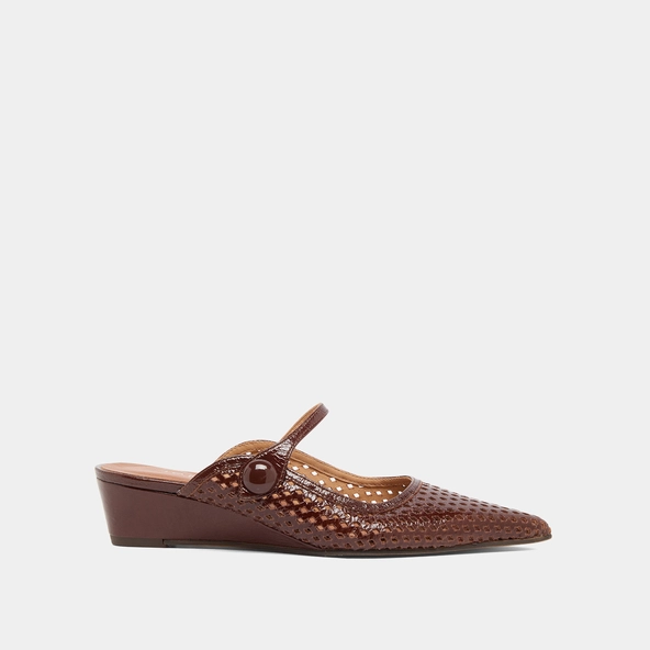 Mules compensées à bouts pointus en cuir brillant marron | DECADE | Jonak