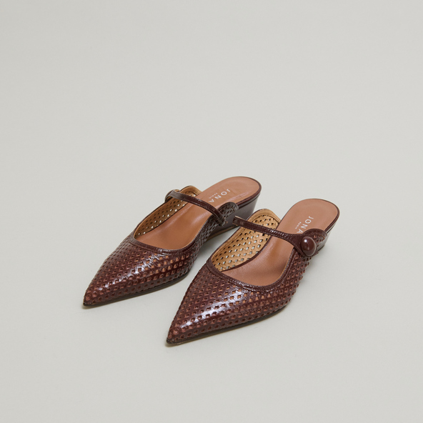 Mules compensées à bouts pointus en cuir brillant marron | DECADE | Jonak