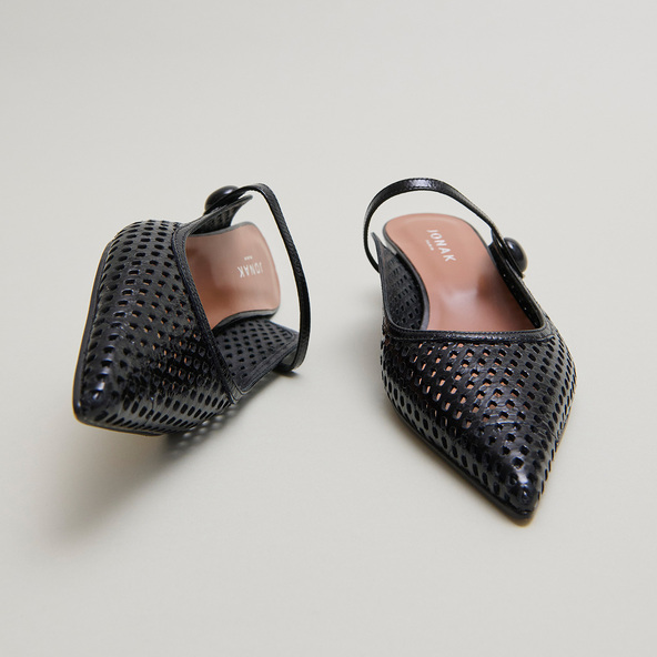 Mules compensés à bouts pointus en cuir brillant noir | decade