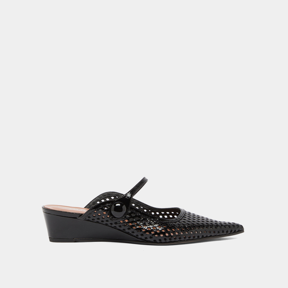 Mules compensés à bouts pointus en cuir brillant noir | decade