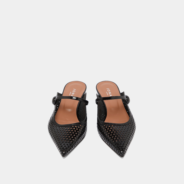 Mules compensés à bouts pointus en cuir brillant noir | decade