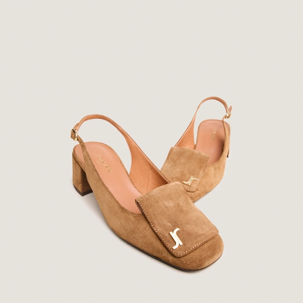Escarpins slingbacks &agrave; monogrammes en croute cognac | DAIKI | Jonak