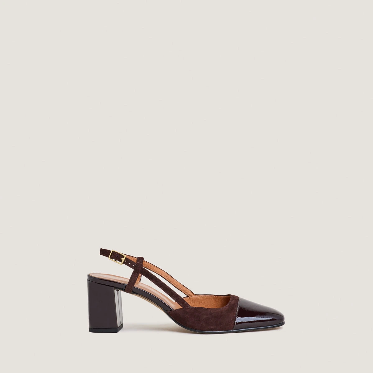 Slingbacks à talons en vernis marron foncé et velours marron | DHAPOP | Jonak