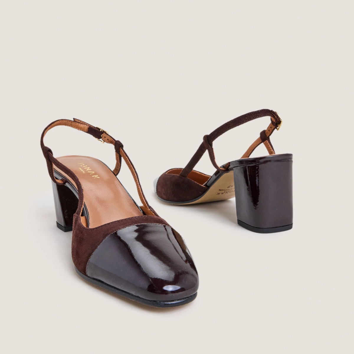 Slingbacks à talons en vernis marron foncé et velours marron | DHAPOP | Jonak