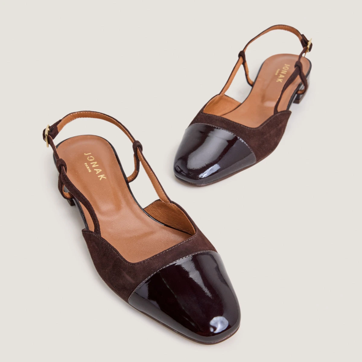 Ballerines slingbacks en vernis marron foncé et velours marron | DHAPOU | Jonak