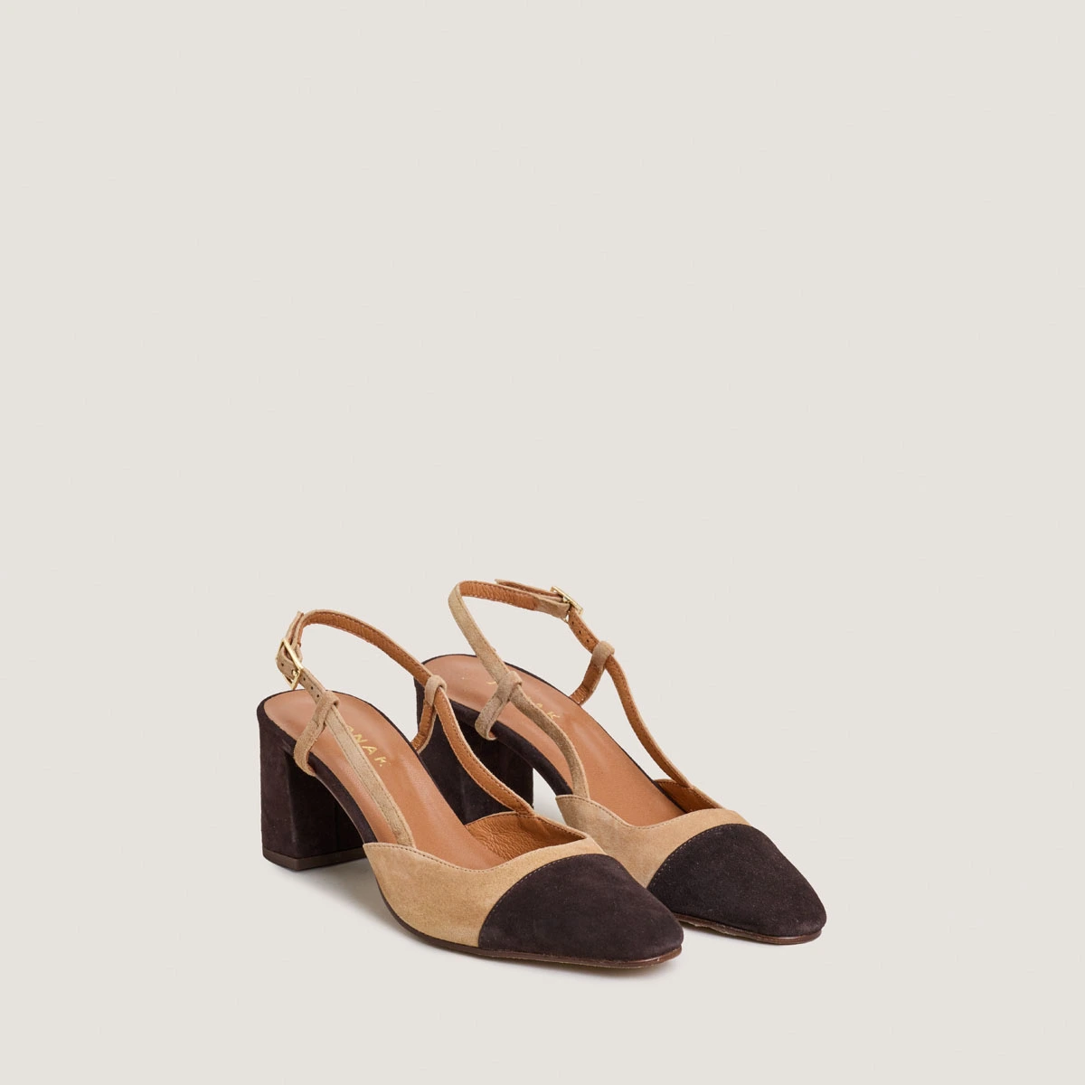 Slingbacks &agrave; talons en velours marron fonc&eacute; et velours camel | DHAPOP | Jonak