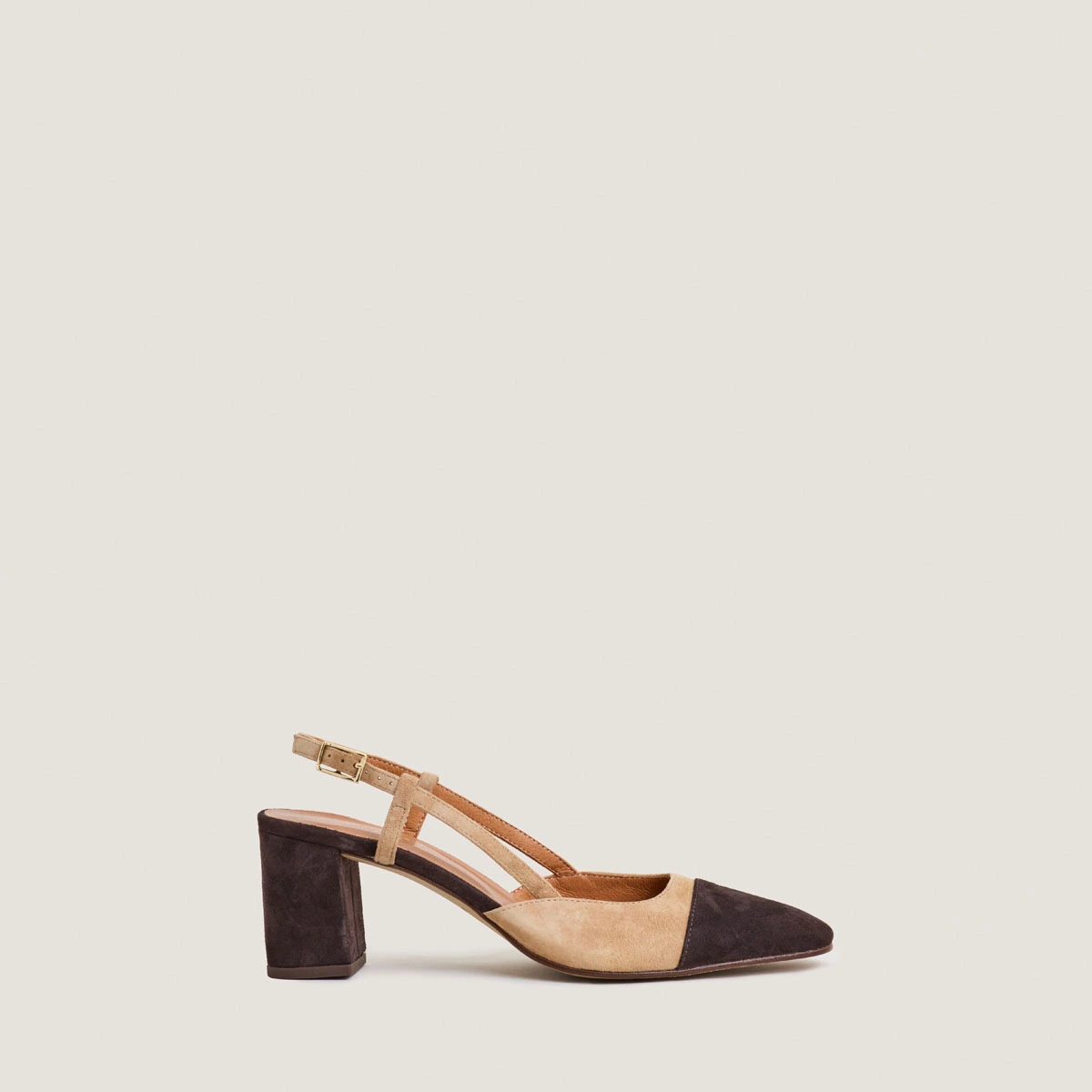 Slingbacks &agrave; talons en velours marron fonc&eacute; et velours camel | DHAPOP | Jonak