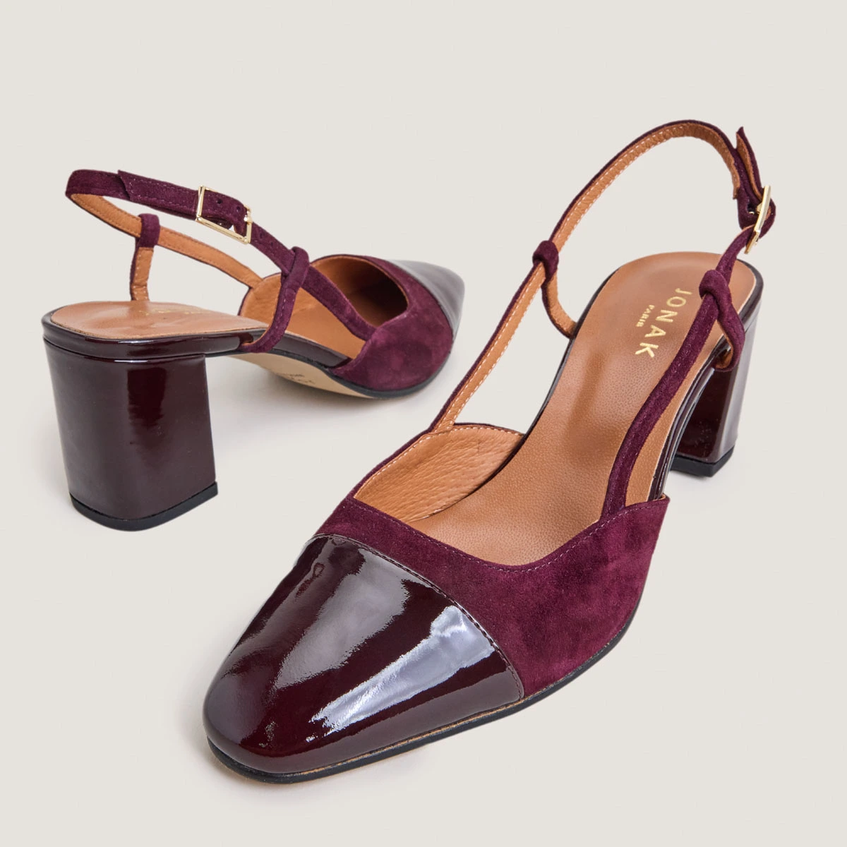 Slingbacks à talons en vernis et velours bordeaux | DHAPOP | Jonak