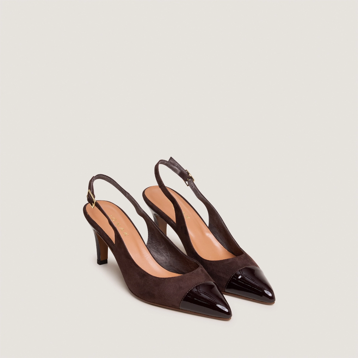 Escarpins slingbacks en vernis et velours marron foncé | DESTELLE | Jonak