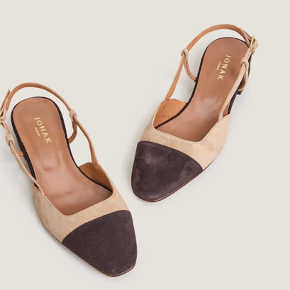 Ballerines slingbacks en velours marron fonc&eacute; et velours camel | DHAPOU | Jonak