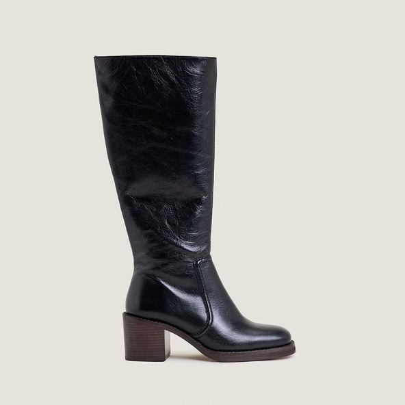 Bottes à talons lamellés en cuir vieilli noir | BIJOU | Jonak