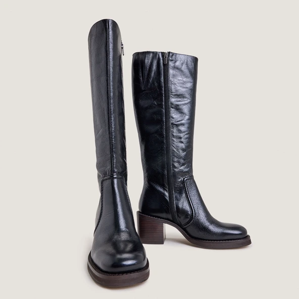 Bottes à talons lamellés en cuir vieilli noir | BIJOU | Jonak