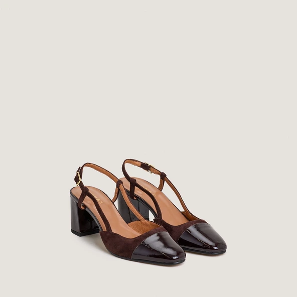 Slingbacks à talons en vernis marron foncé et velours marron | DHAPOP | Jonak