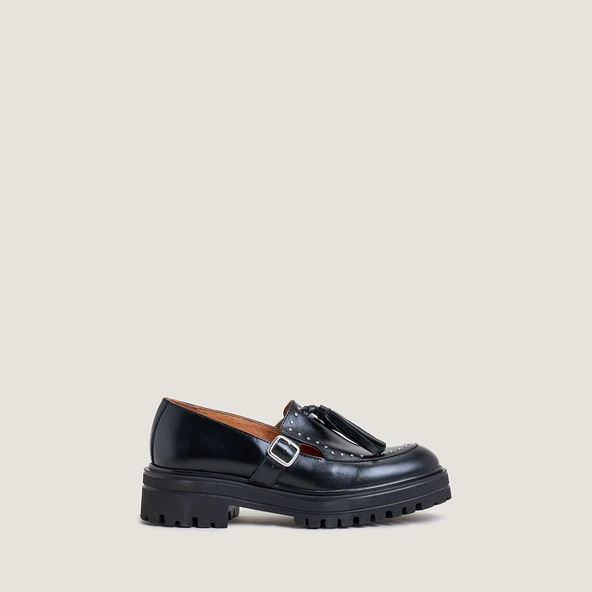 Mocassins à semelles crantées et pampilles en cuir noir | AIMANTE | Jonak