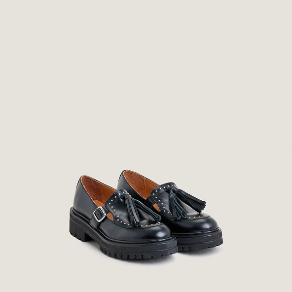Mocassins à semelles crantées et pampilles en cuir noir | AIMANTE | Jonak