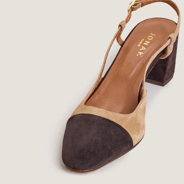 Slingbacks &agrave; talons en velours marron fonc&eacute; et velours camel | DHAPOP | Jonak