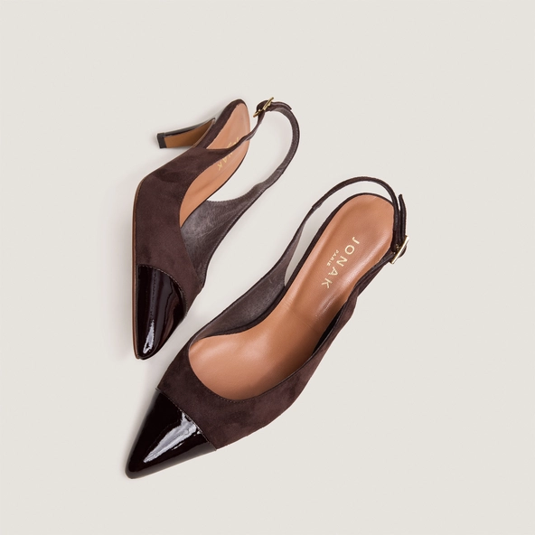 Escarpins slingbacks en vernis et velours marron foncé | DESTELLE | Jonak