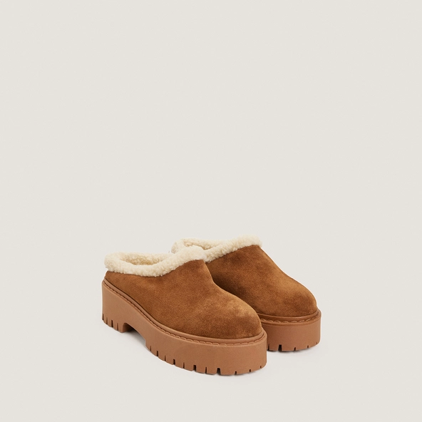 Mules à semelles crantées en croute tabac et fluffy beige | RALF | Jonak
