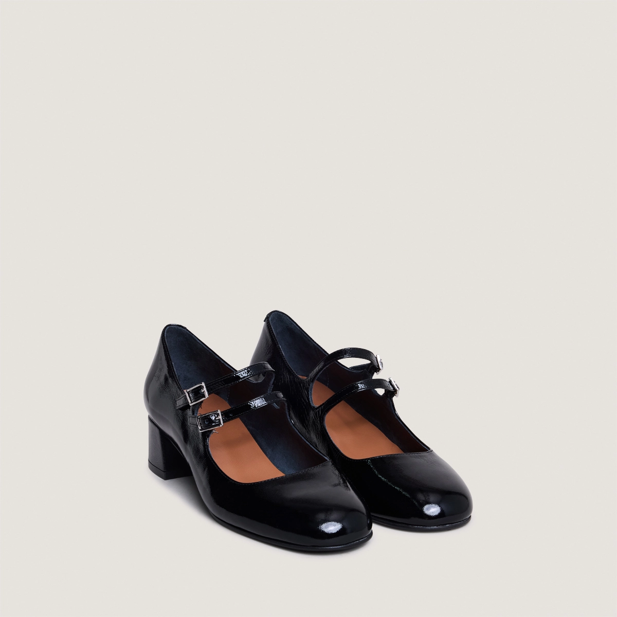 Babies à doubles brides en vernis plissé noir | DUNY | Jonak