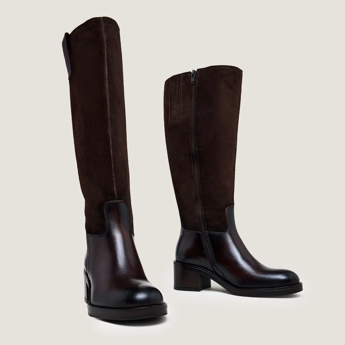Bottes &agrave; talons en cuir et croute marron fonc&eacute; | CLAIRE | Jonak