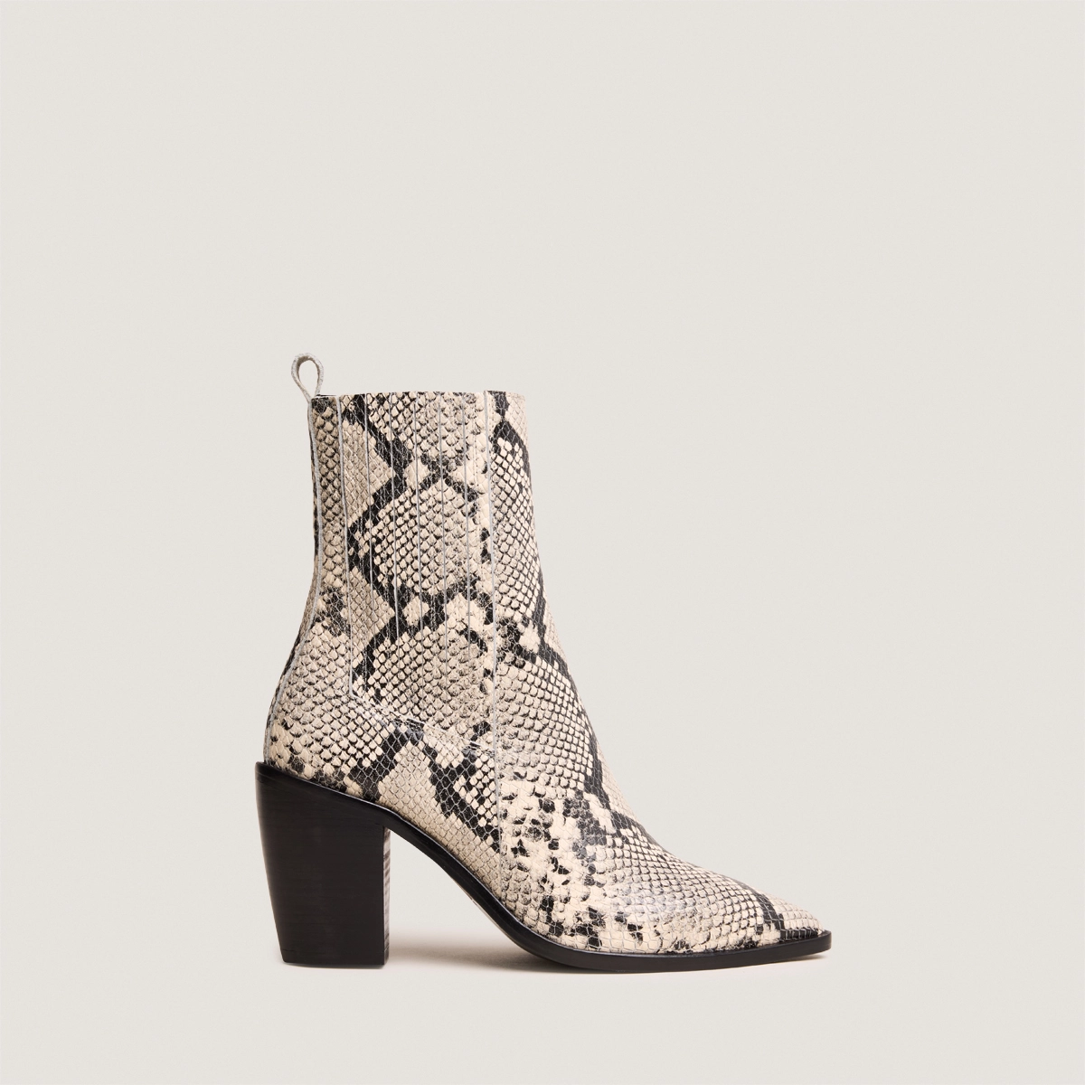 Bottines &agrave; talons et fronces en cuir reptile noir et blanc | BASAMA | Jonak
